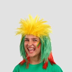Trispalvis tiesių sintetinių plaukų perukas - geltona, žalia, raudona.